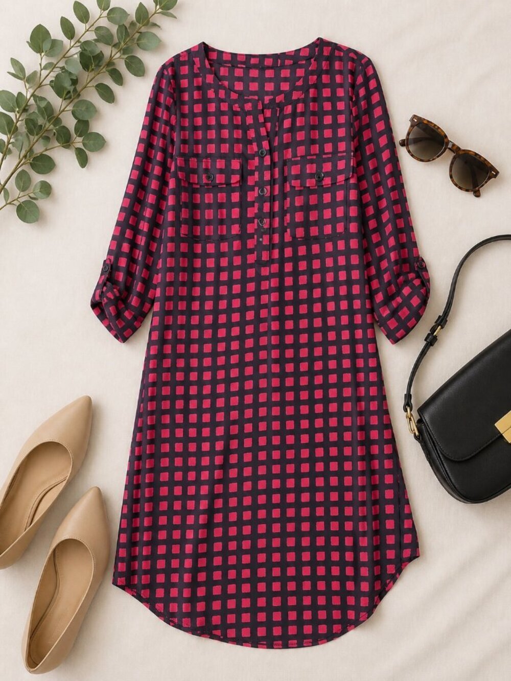 GAP Red Black Buffalo Plaid Shift Dress M 3/4 Sleeve Lightweight Fall